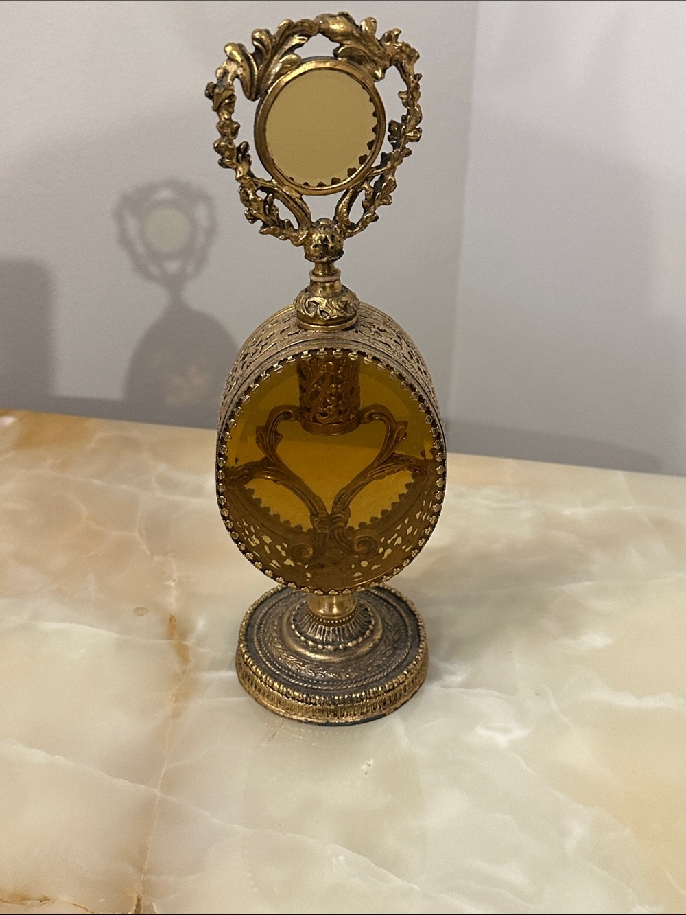 Vintage Ornate Gold Amber Glass Perfume Bottle